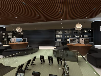 Modern Specialty Store Interior With Wooden Ceiling Pendant Lights Display Counters And Sofa Seats 3d model
