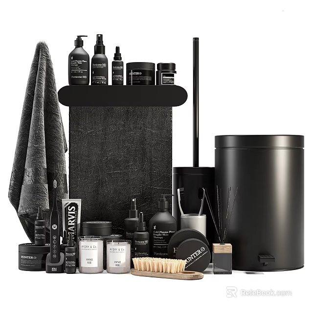 Modern Black Bathroom Accessories Including Towel Bottles Toilet Brush And Trash Can 3d model 