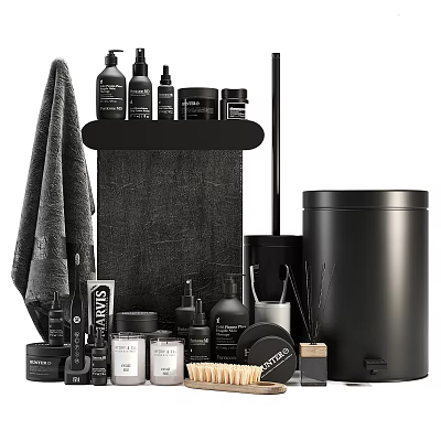 Modern Black Bathroom Accessories Including Towel Bottles Toilet Brush And Trash Can 3d model