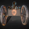 Vintage Double Barreled Cannon With Wooden Wheels And Cross Emblem