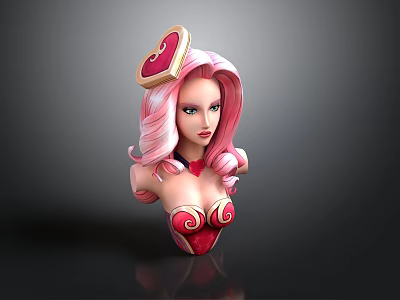 3D Female Bust Sculpture With Pink Long Hair Heart Headpiece Red Outfit And Curved Patterns 3d model