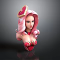 3D Female Bust Sculpture With Pink Long Hair Heart Headpiece Red Outfit And Curved Patterns