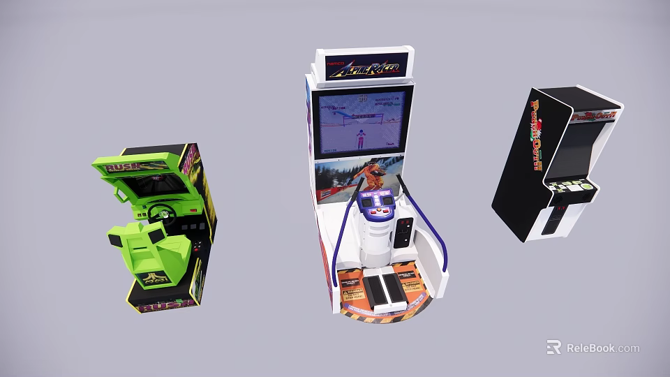 Electric Toys Featuring Arcade Game Machines With Steering Wheel Pedals And Screens 3d model 