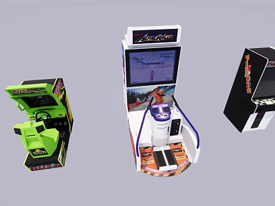Electric Toys Featuring Arcade Game Machines With Steering Wheel Pedals And Screens 3d model