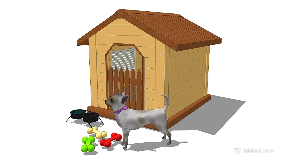 Cute Wooden Dog House in Garden with Small Dog Colorful Toys and Bowls 3d model 