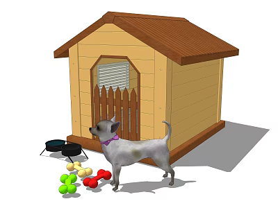 Cute Wooden Dog House in Garden with Small Dog Colorful Toys and Bowls 3d model