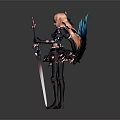 Fantasy Game Character With Orange Hair Blue Black Outfit Black Tail And Long Sword
