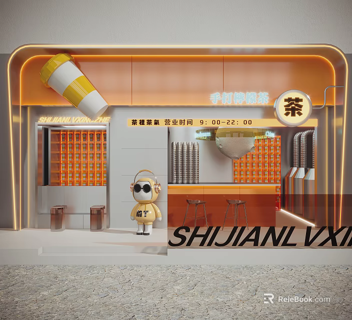 Vibrant Orange Milk Tea Shop With Neon Lights Cartoon Mascot And Bar Stools 3d model 