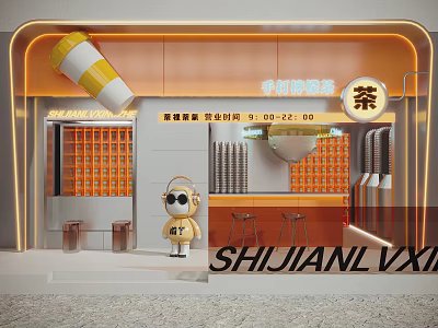 Vibrant Orange Milk Tea Shop With Neon Lights Cartoon Mascot And Bar Stools 3d model