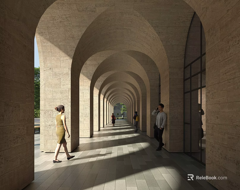 Elevator Hallway Design With Arched Stone Walls Natural Light And Walking People 3d model 