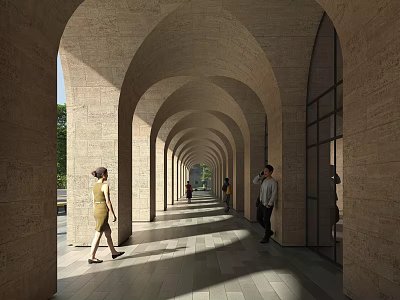 Elevator Hallway Design With Arched Stone Walls Natural Light And Walking People 3d model