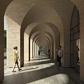 Elevator Hallway Design With Arched Stone Walls Natural Light And Walking People