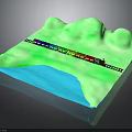 Colorful Train on Track in Green Mountain Terrain with Blue Water Area
