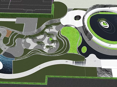 Modern Entrance Gate Design With Winding Paths Green Landscape And Circular Plaza 3d model
