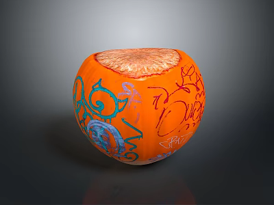 Orange Pumpkin with Colorful Graffiti Art Blue and Red Patterns Cut Top Revealing Fresh Interior 3d model