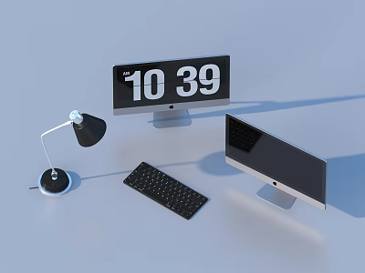 Modern Computer Setup With Dual Monitors Keyboard Desk Lamp And Digital Clock 3d model