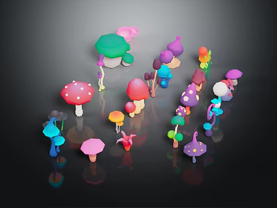 Cartoon Style Colorful Mushrooms With Different Shapes Colors On Black Background And Reflections 3d model