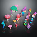 Cartoon Style Colorful Mushrooms With Different Shapes Colors On Black Background And Reflections