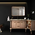 Modern Bathroom Vanity With White Cabinet Gold Handles Mirror And Potted Plant