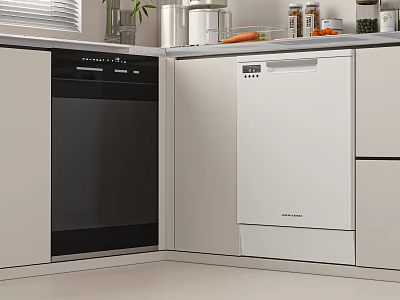 Modern Kitchen Interior Featuring Black Oven White Dishwasher Cabinets And Fresh Ingredients 3d model