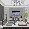 Elegant Dining And Living Room Interior With Gray Cabinets Wooden Flooring And Circular Paintings