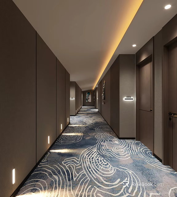 Stylish Hotel Corridor Interior With Patterned Carpet Recessed Lighting And Dark Walls 3d model 