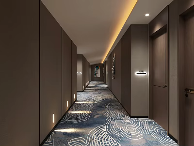 Stylish Hotel Corridor Interior With Patterned Carpet Recessed Lighting And Dark Walls 3d model