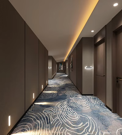 Stylish Hotel Corridor Interior With Patterned Carpet Recessed Lighting And Dark Walls 3d model
