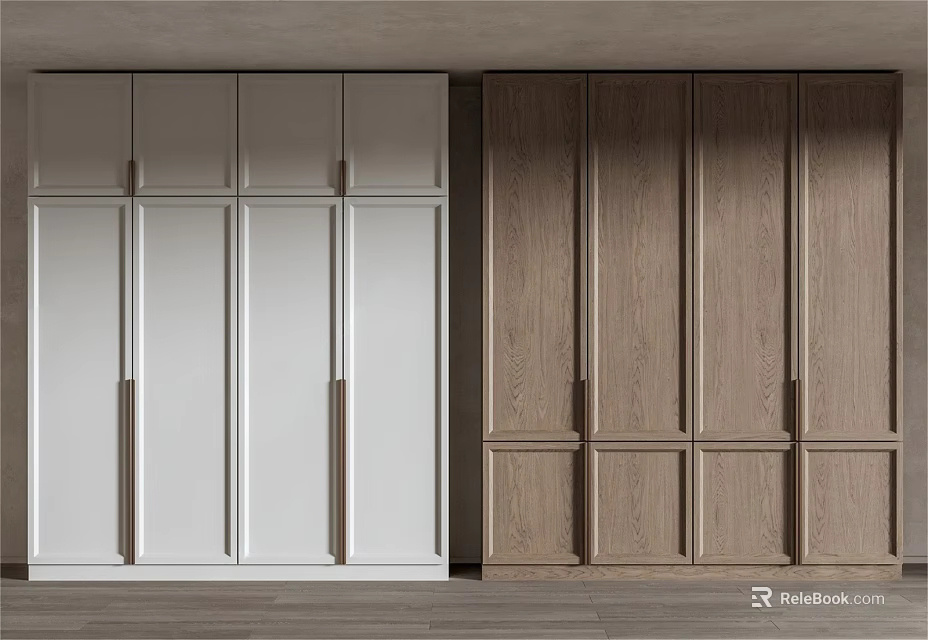 Modern Interior Wardrobe Design With White And Wooden Sleek Sliding Doors And Wood Grain 3d model 
