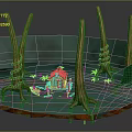 Cartoon Scene with Green Ground Tree Trunks Wrapped in Vines and Small Wooden Cabin