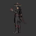 Ninja Warrior In Black Red Clothing Wearing Straw Hat And Fiery Mythical Creature Aura