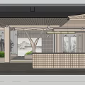 Modern Chinese Exhibition Hall With Wooden Structure And Landscape Paintings Reception Counter
