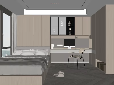 Modern Tatami Bedroom Interior With Platform Bed Desk Chair And Wooden Cabinets 3d model