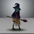 Young Witch In Colorful Cloak Holding Purple Broom With Orange Sprites And Green Glow