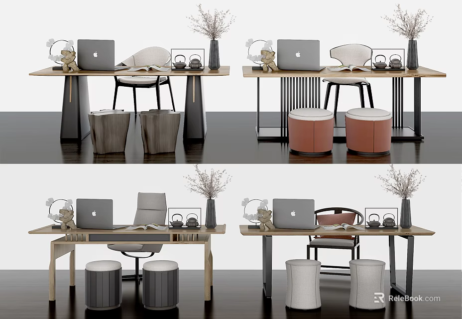 Modern Wooden Desk Interior With Laptop Chair Vase Plants And Stools 3d model 