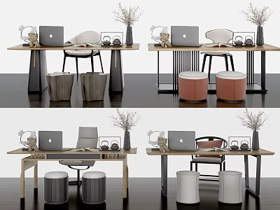 Modern Wooden Desk Interior With Laptop Chair Vase Plants And Stools 3d model