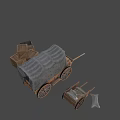 Wooden Wagon And Cart With Canvas Cover And Pillows On Dark Background