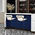 Elegant Bar Area With Marble Countertop Gray Stools Gold Metal Legs And Wine Cabinets