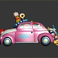 Pink Cartoon Car With Party Hat Horn Clown Nose And Eyes On Reflective Surface