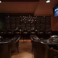 Stylish Bar Interior With Dark Decor Wine Shelves Chandeliers Tables And TV Screen
