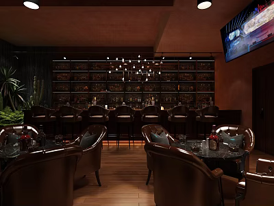 Stylish Bar Interior With Dark Decor Wine Shelves Chandeliers Tables And TV Screen 3d model