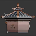 Traditional Building With Tile Roof Wooden Door Curved Eaves And Decorative Symbol