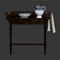 Wooden Bathroom Vanity Table With White Bowl Blue Jug And Hanging Towel