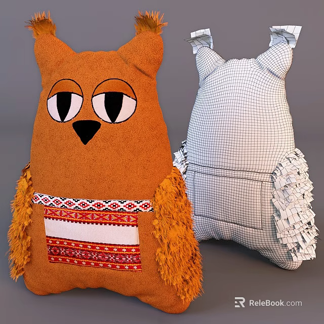 Cute Orange Owl Stuffed Toy With Decorative Pattern And White Checkered Tassel Design 3d model 