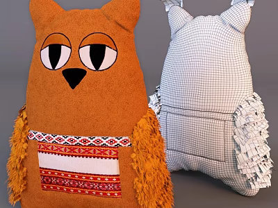 Cute Orange Owl Stuffed Toy With Decorative Pattern And White Checkered Tassel Design 3d model