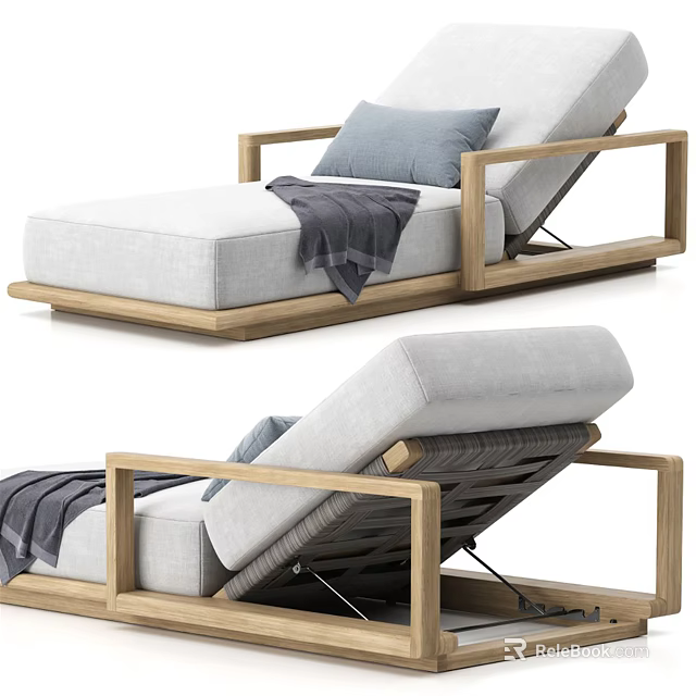 Modern Lounge Chair With Wooden Frame Light Gray Cushion Gray Pillow And Dark Blanket 3d model 