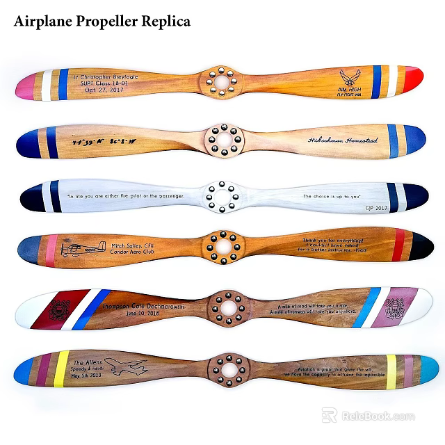 Wooden Propeller Blades With Colorful Stripes And Engravings Displayed Together 3d model 