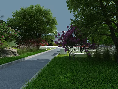 Garden Landscape Design With Gray Pathway Green Lawn Purple Flowering Trees Stones And Shrubs 3d model