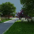 Garden Landscape Design With Gray Pathway Green Lawn Purple Flowering Trees Stones And Shrubs
