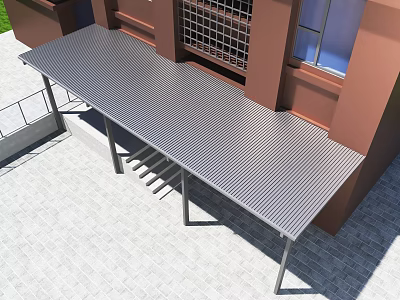 Modern Metal Striped Canopy Installed On Building Exterior With Supporting Frames And Paved Ground 3d model